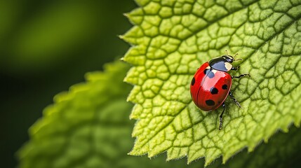 Obraz premium A vibrant ladybug adorns a verdant leaf, captured in a close-up macro shot. The ladybug's scarlet shell and black spots stand out against the lush greenery, creating a striking contrast.