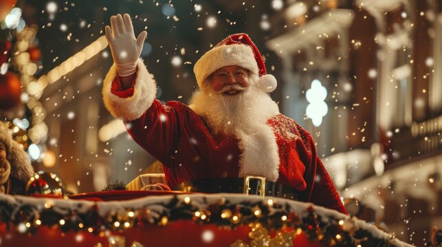 Santa Claus Waving from Decorated Float at Christmas Parade with Festive Lights and Cheering Crowds