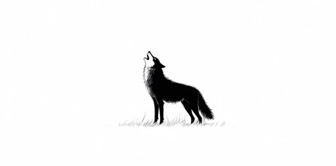 A Black and White Silhouette of a Wolf Howling in Grass