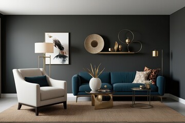Contemporary Living Room Concept with Armchair and Unique Decor Against a Charcoal Wall - 3D Rendering