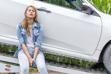 Women stress boring feel bad from car problem fail travel road trip broken car or vehicle crash at roadside.