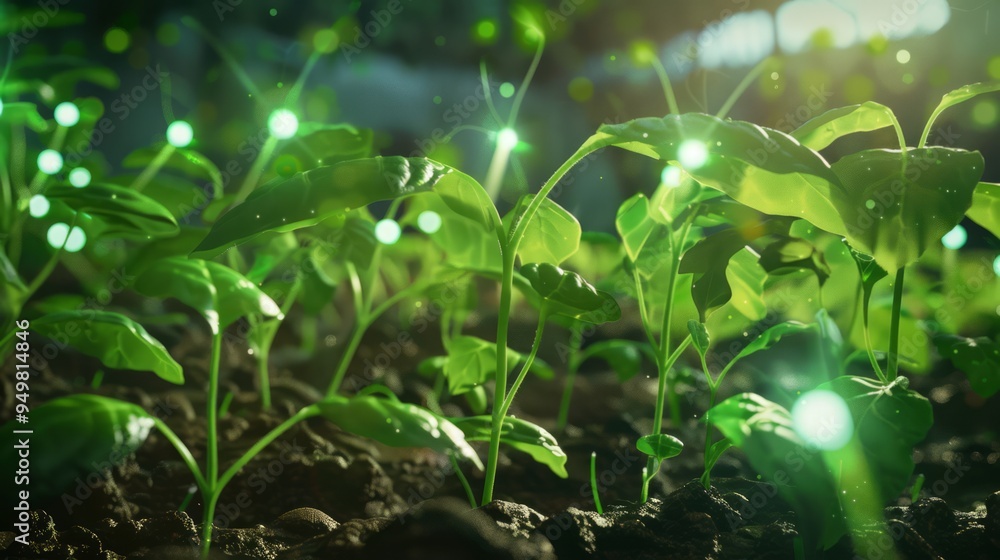 Wall mural Lush green seedlings with magical glowing dust in a sunlit garden.