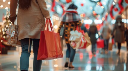 Holiday Shopping in a Festive Mall with Shoppers Carrying Christmas Gifts and Decorations