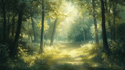 Obraz premium Quiet forest scene with soft sunlight filtering through the trees, evoking a tranquil and reflective mood in the heart of nature.