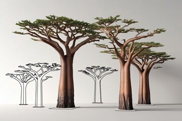 Stunning Exotic Baobab Trees with Three-Dimensional Outline on White Background for Cultural and Architectural Promotion