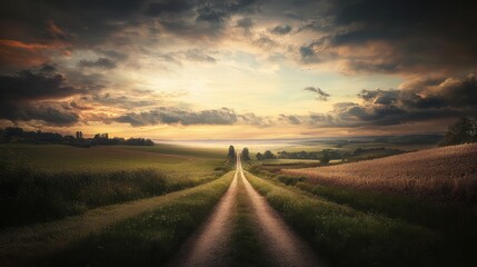 Rural landscape with a dirt path stretching towards a distant horizon, framed by fields and a dramatic sky.