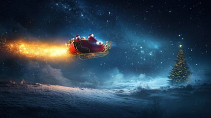 Fototapeta premium Santa's Sleigh Flying Through a Starry Night Sky Guided by Reindeer Over a Snowy Forest