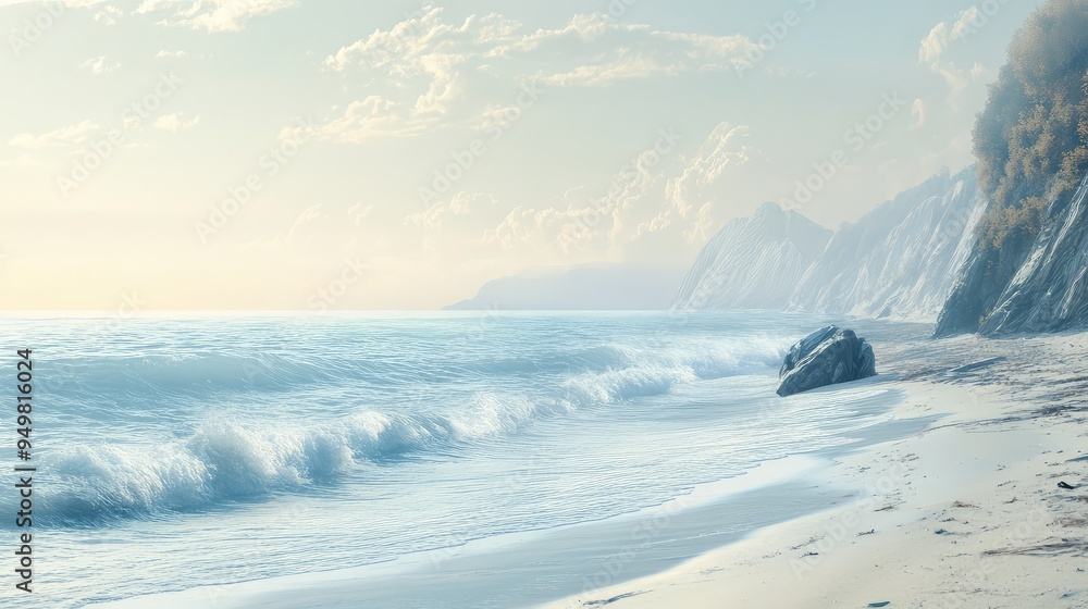 Poster serene coastal scene with soft, muted colors and gentle waves, creating a tranquil setting for silen