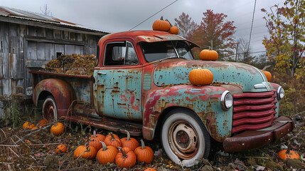 Old vintage classic truck with pumpkins and fall colors , cosy house in autumn with holiday mood