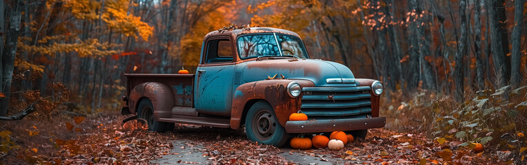 Old vintage classic truck with pumpkins and fall colors , cosy house in autumn with holiday mood