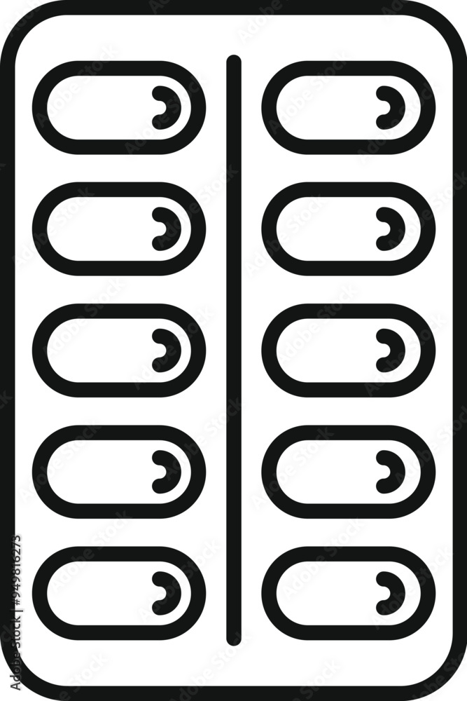 Poster simple line art icon of a blister pack containing round pills with a split line, representing medica