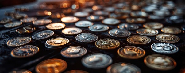 Coin collection laid out on a velvet cloth, historical and valuable, Vintage, Muted tones, Photograph, Detailed collection