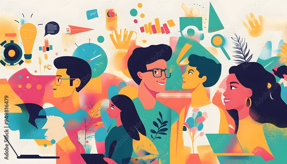 Poster diverse group of people working on technology with abstract shapes and patterns