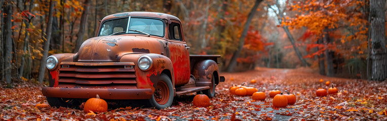 Old vintage classic truck with pumpkins and fall colors , cosy house in autumn with holiday mood