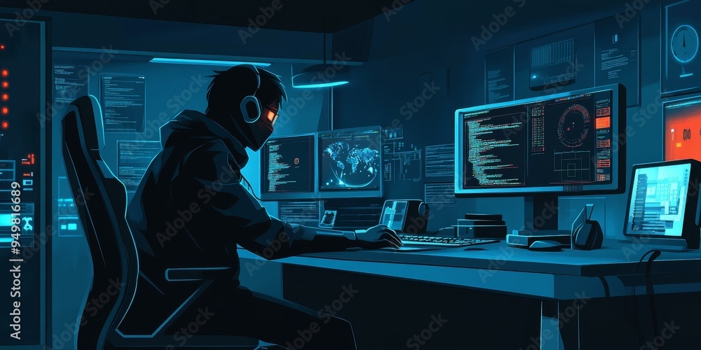 Wall mural Hacker at computer, working late night.