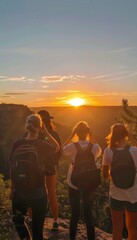 Fototapeta premium Freshmen Students Enjoying Sunrise Hike to Scenic Viewpoint - Adventure, Nature, Golden Hour