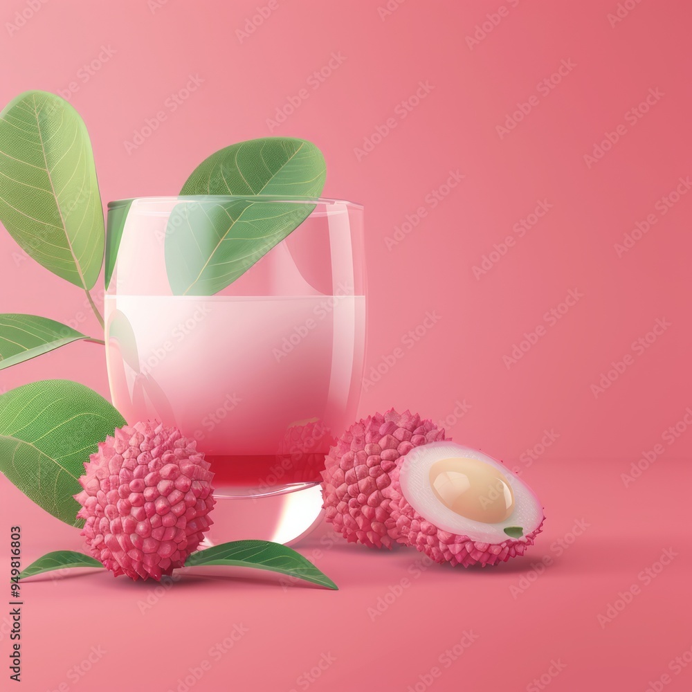 Poster Lychee juice in a glass with fruit and leaves on pink background.