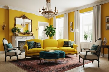 Yellow Sofa and Vintage Decor in a Bright Living Room Interior 3D Rendering
