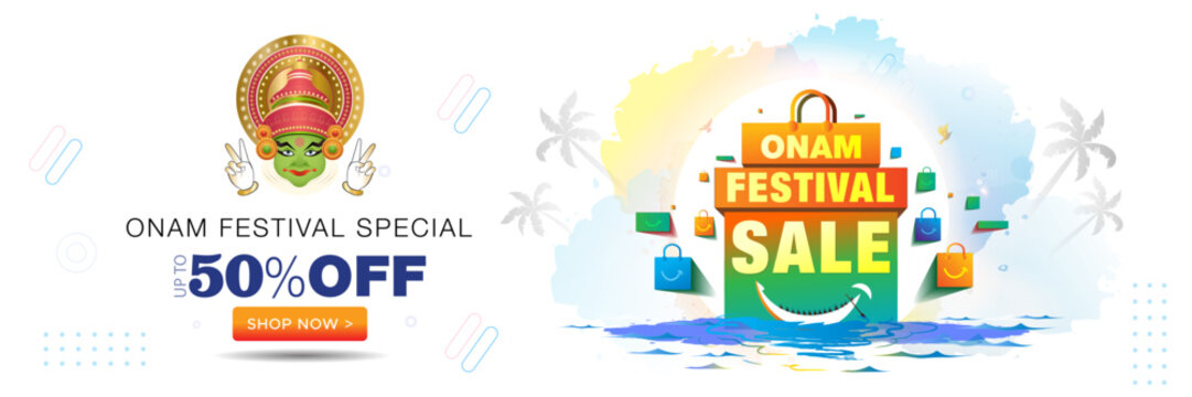 Onam festival offer sale 50% off deal, discount concept. Kerala snake bord and shopping bag background.