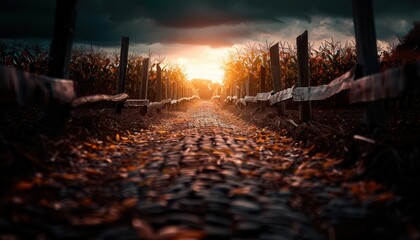 Corn maze entrance with tall green stalks, inviting and playful, Rustic, Warm tones, Photograph, Autumn adventure