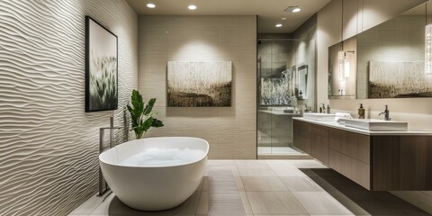 Modern bathroom with bathtub, shower, and sink.
