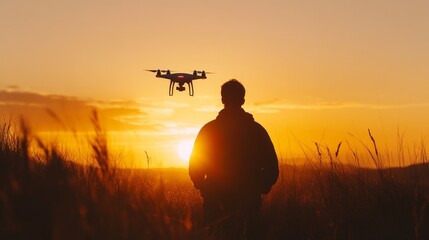 A man with a drone at sunset, seen from behind. The silhouette of the man and the drone flying in the air is visible against the setting sun.