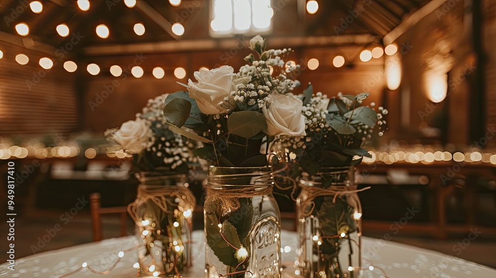 Canvas Prints three mason jars with white roses and eucalyptus inside