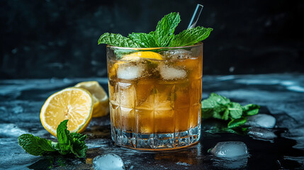 Fototapeta premium The scene should evoke a sense of freshness and indulgence, showcasing a vibrant, non-alcoholic cocktail enhanced with dried fruits, lemon, mint, and ice. The clear glass, bright colors, and garnishes
