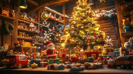 Christmas Tree in the North Pole Workshop Illuminating Gifts and Festive Decorations