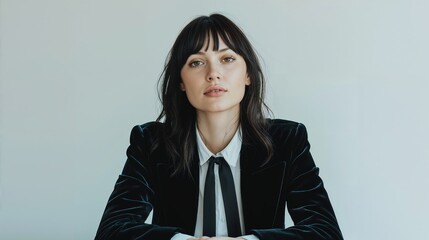 A young woman with shoulder-length brown hair and bangs, wearing a black blazer and white shirt, sits confidently at a desk.