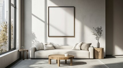 Frame mockup, ISO A paper size. Living room wall poster mockup. Interior mockup with house background. Modern interior design. generative ai