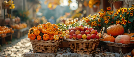 Thanksgiving morning in the city market with flowers pumpkins and fruits, cosy street with fresh food and flowers