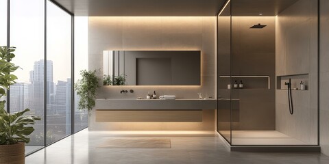 Modern bathroom with city view, shower, and vanity.
