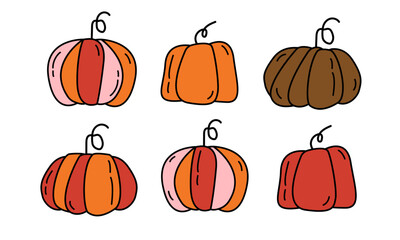 Doodle abstract pumpkins set. Autumn Vegetable harvest. Cute Pumpkin flat trendy style isolated. Halloween Thanksgiving holiday element for card, invitation, banner, packaging design