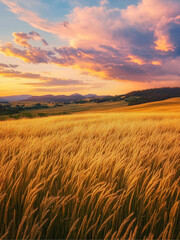 Expansive alfalfa hay field in western montana, sunset, beautiful, warm light.