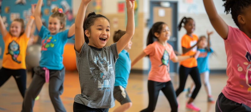 Kids Engaged in Dynamic Fitness Class Led by Enthusiastic Instructor at Community Center