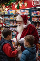 Fototapeta premium Santa Claus Helps Children Pick Toys in a Festive Store - Christmas Holiday and Festive Celebrations