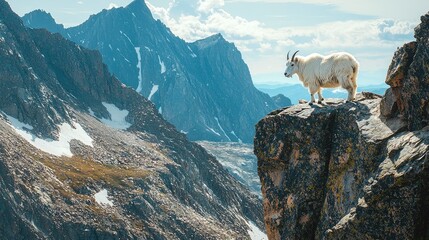 Naklejka premium Majestic Mountain Goat Perched on Rocky Cliff