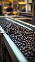 Fototapeta premium Black beans are being sorted and packaged on a conveyor belt in a bustling food processing factory.