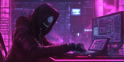 Hooded figure typing on a laptop with pink lighting.