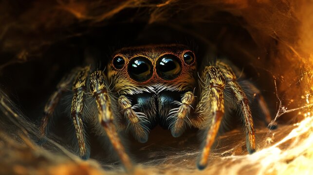 A spider patience lurks within its silken lair, its eight eyes fixed intently on its unsuspecting victim.