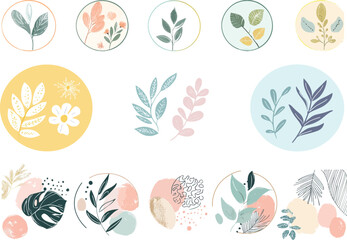 An elegant set of laurel wreaths. Flowers and leaves in circular frames hand-drawn with vintage flowers.