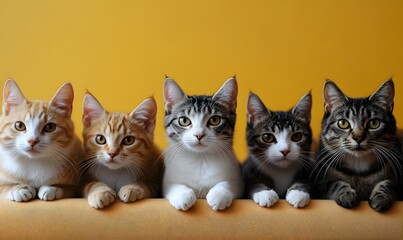 Diverse Feline Companions Nestled in a Harmonious Buttercup Hued Environment