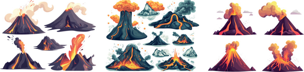 Typical volcanic eruption stages. Lava, fire, smoke, ash, and gases are emitted by volcanoes