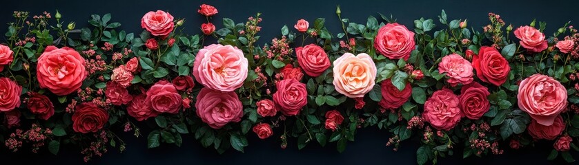 Beautiful Array of Vibrant Red and Pink Roses Against a Dark Background in Full Bloom