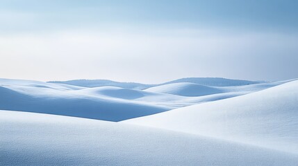 Snow-covered landscape with rolling hills stretching to the distant horizon, evoking a sense of quiet and solitude.