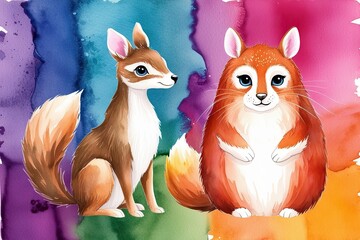 Fototapeta premium Vibrant Whimsical Animal Watercolor Art Featuring Colorful Textures and Furry Wildlife