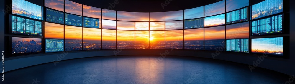 Poster a panoramic view of a modern control room displaying multiple screens showcasing vibrant sunset visu