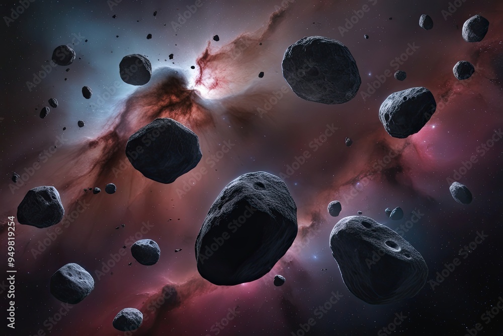 Poster nebula rocks swarm of meteor stone clusters and asteroid boulders in space
