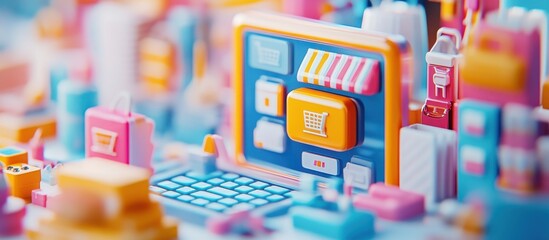 Colorful 3D Illustration of Online Shopping Concept with Computer, Shopping Cart, and Various Retail Icons